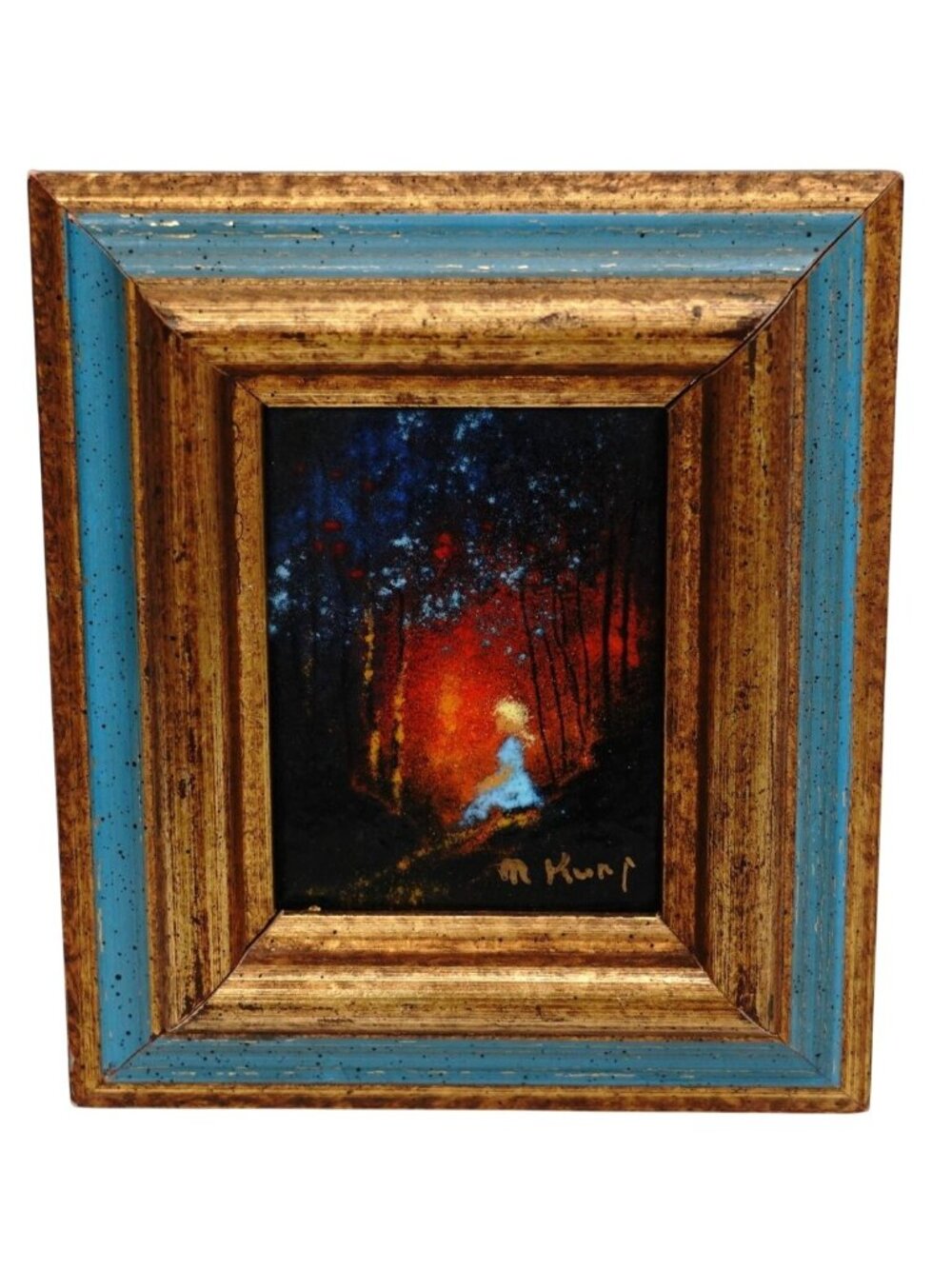 Vintage Miniature Enamel Painting Framed Mid Century Modern Art Signed  6.5" h